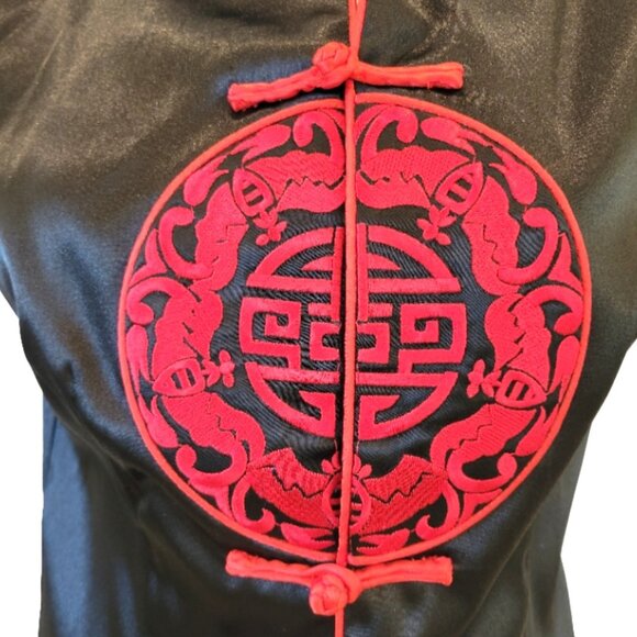 Elegant Black & Red Satin Qipao Top | Mandarin Collar | Asian Embroidered Symbol - Picture 6 of 11
